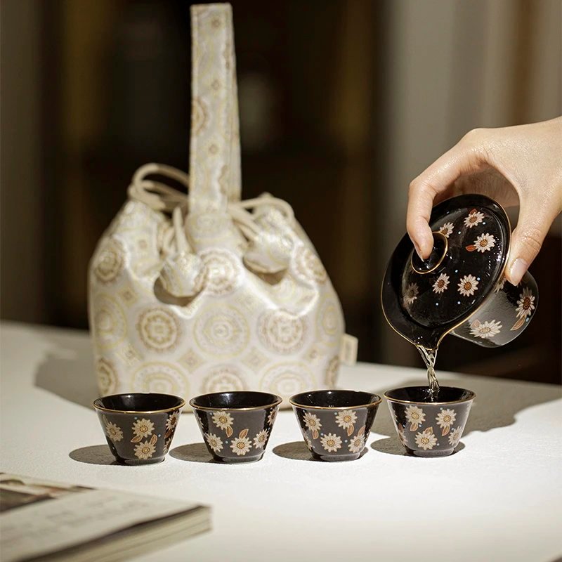 Gold Silver Inlay Sunflower Travel Tea Set: The Perfect 5-Piece Stacking Travel Set for Adventure 2 Sunflower Teapot Set