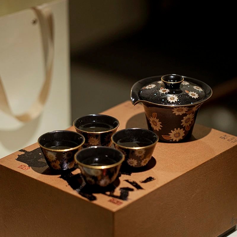 Gold Silver Inlay Sunflower Travel Tea Set: The Perfect 5-Piece Stacking Travel Set for Adventure 3 Anti-Scald Teapot