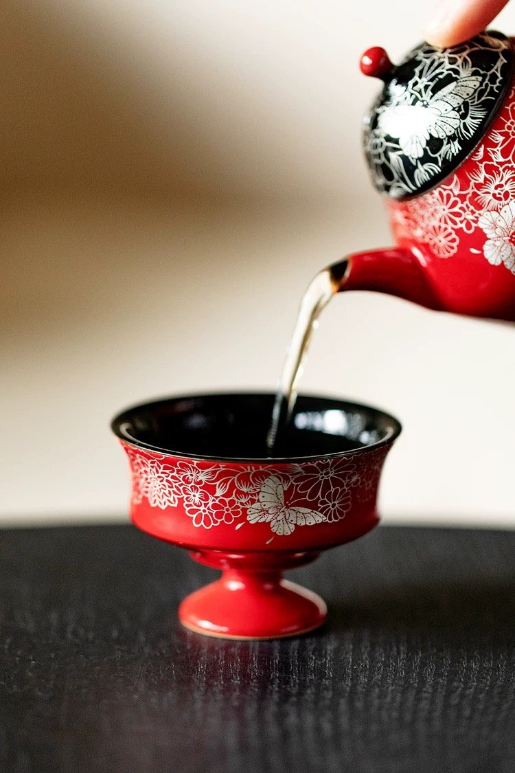 Gold Silver Inlay Zhemeng Vermilion Tea Tray: The Breathtaking 2-Piece Chinese Tea Ceremony SetΩ
