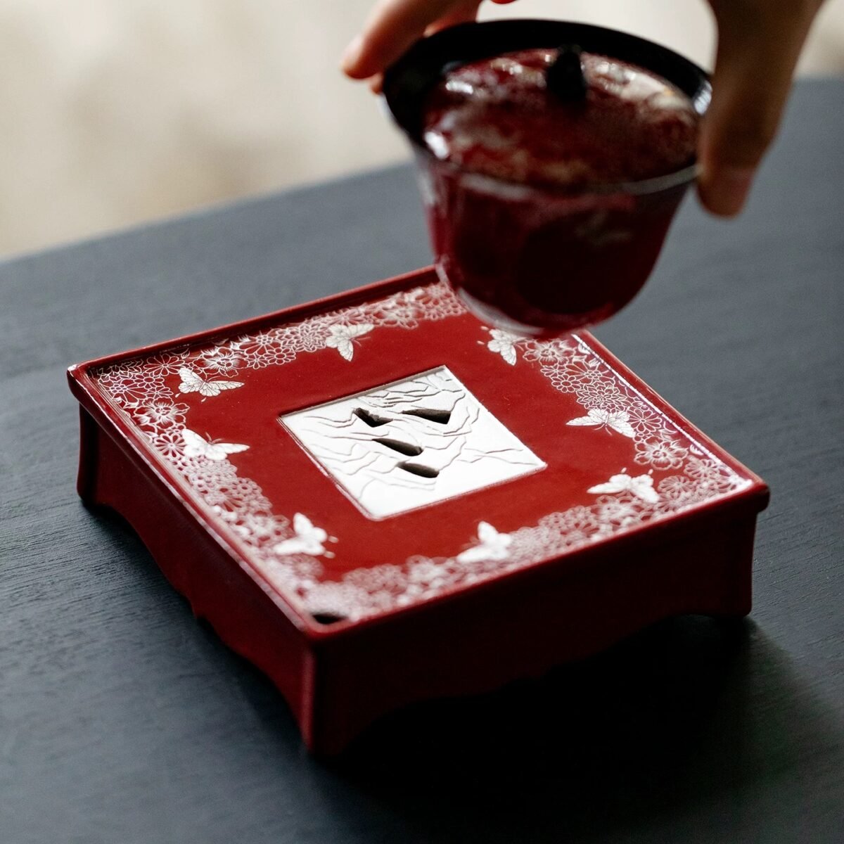 Gold Silver Inlay Zhemeng Vermilion Tea Tray: The Breathtaking 2-Piece Chinese Tea Ceremony SetΩ