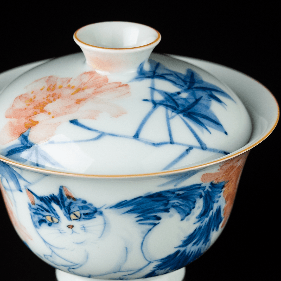 Blue Five Colors Cat Gaiwan Set: A Breathtaking 3-Piece Jingdezhen Five Colors Porcelain with Cat