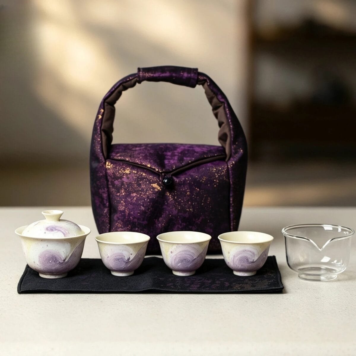 Dehua Purple Starry Travel Gaiwan Set: 6 Pieces, 1 Carrying Case, Pure Happiness 1 Dehua Purple Starry Travel Gaiwan Set