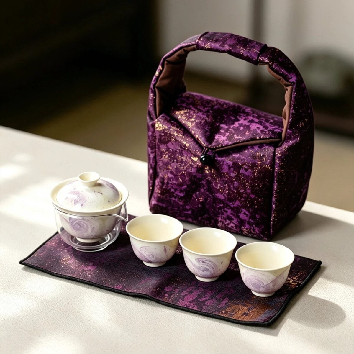 Dehua Purple Starry Travel Gaiwan Set: 6 Pieces, 1 Carrying Case, Pure Happiness 5 Purple Starry Ceramic Tea Set