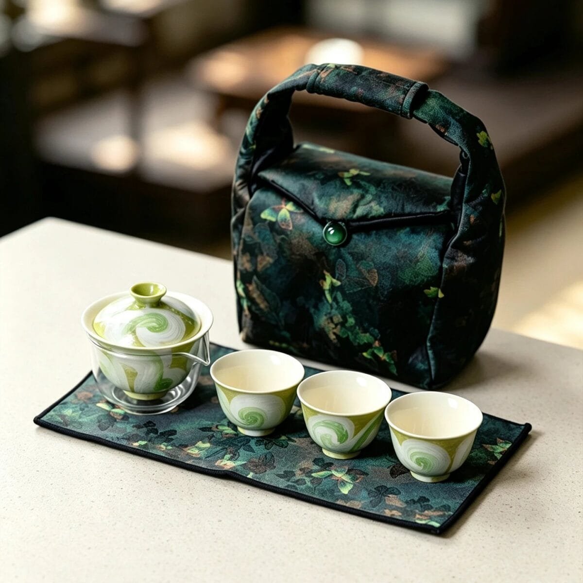 Dehua Forest Green Starry Travel Gaiwan Set: 6-Piece Green Ceramic, Regret Not Buying Sooner 2 Hand-Painted Green Underglaze Travel Tea Set